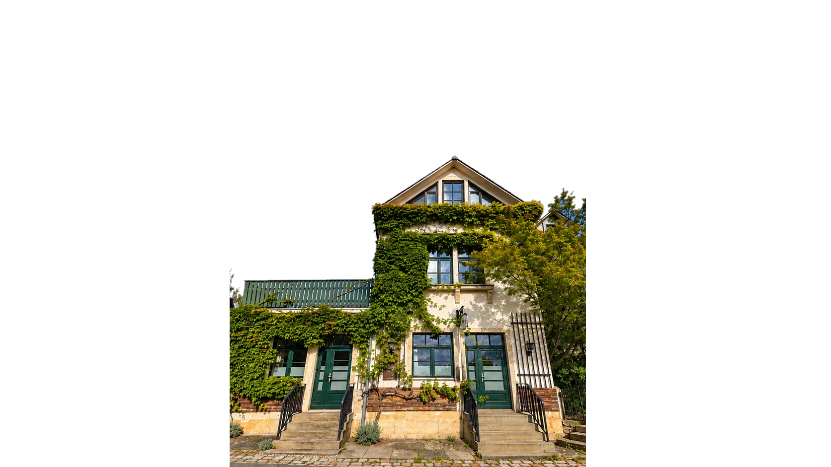 Das Haus Dresdner Straße 111 in Dresden-Hosterwitz mit wildem Wein, grünen Türen und Sandsteinstufen